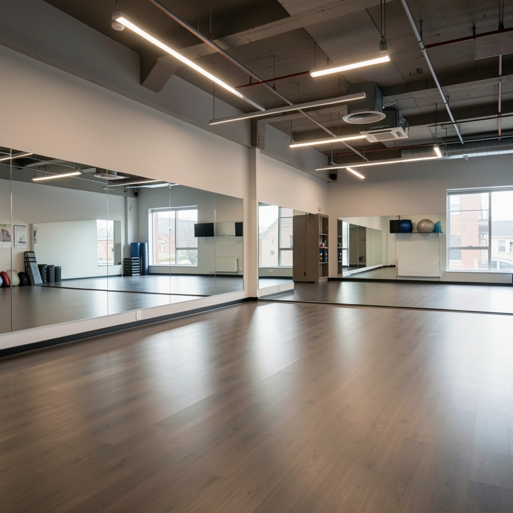 Accredited personal trainer standing in a clean, well-lit Paris fitness studio with mirrored walls and polished flooring