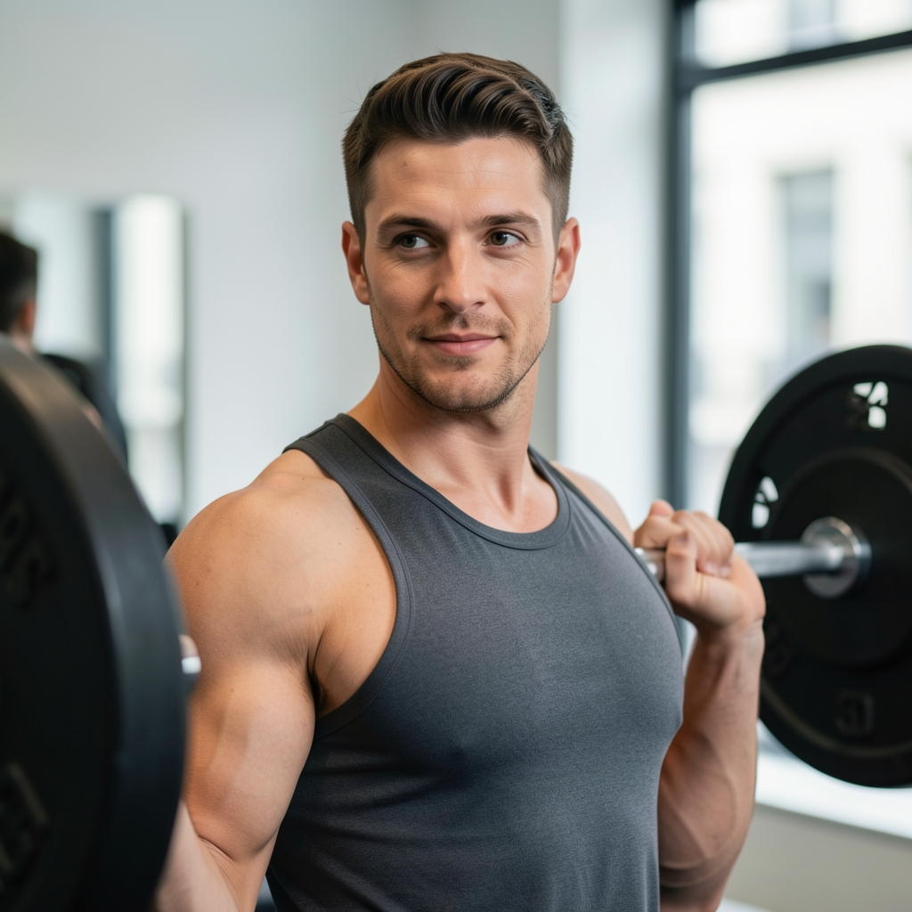 Personal trainer leading a one-to-one strength training session in a minimalist Paris gym, barbell and plate equipment visible