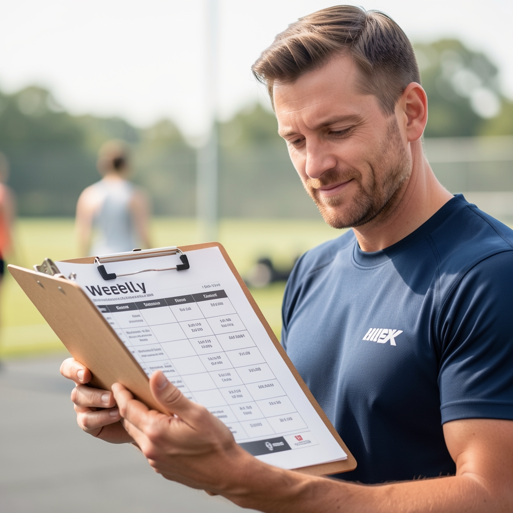 Coach reviewing printed weekly schedule on a clipboard during a training session review in a bright studio environment