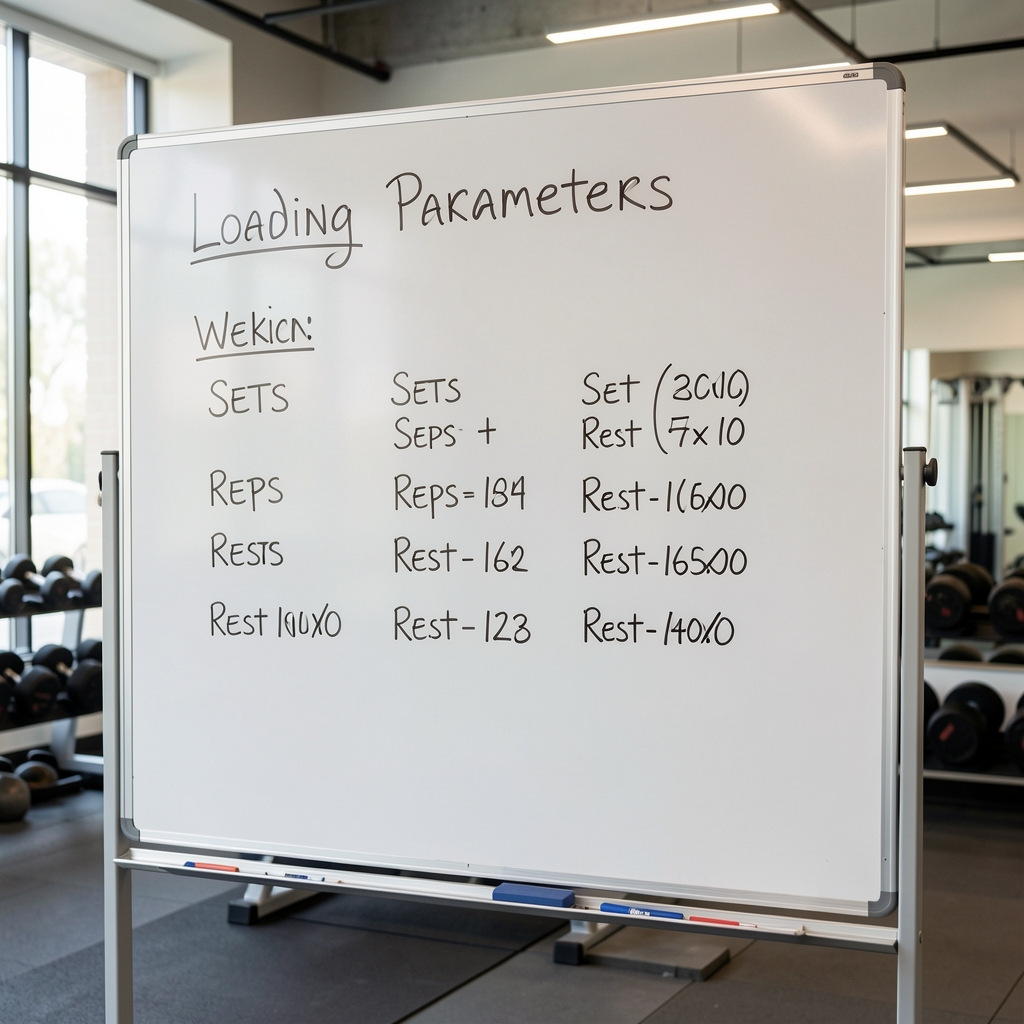 Loading parameters written on a whiteboard in a coaching studio, showing sets, reps, and rest intervals for a weekly training block