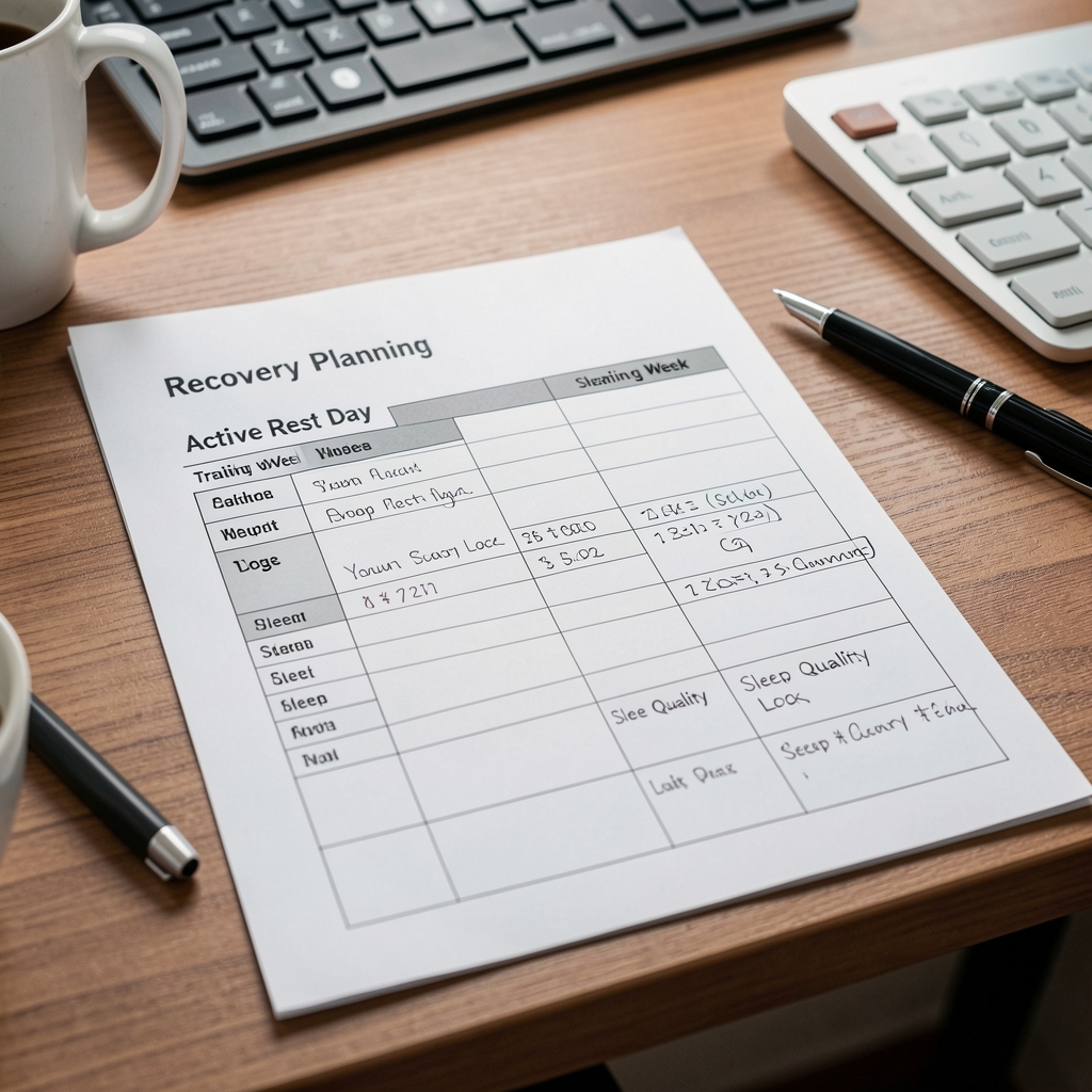 Recovery planning notes on a desk showing active rest day schedule and sleep quality log entries for a training week in Paris
