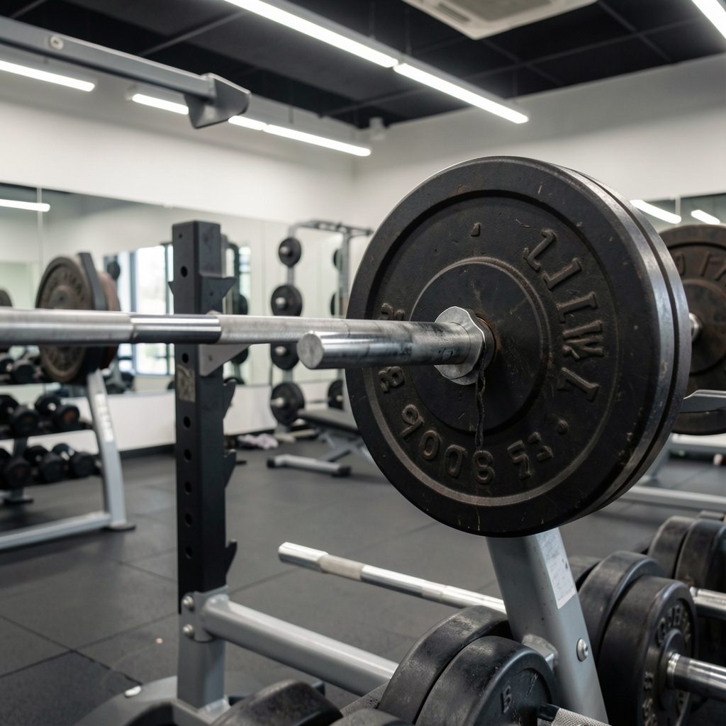 Close-up of a barbell loaded with iron plates on a rack in a clean training studio with controlled overhead lighting