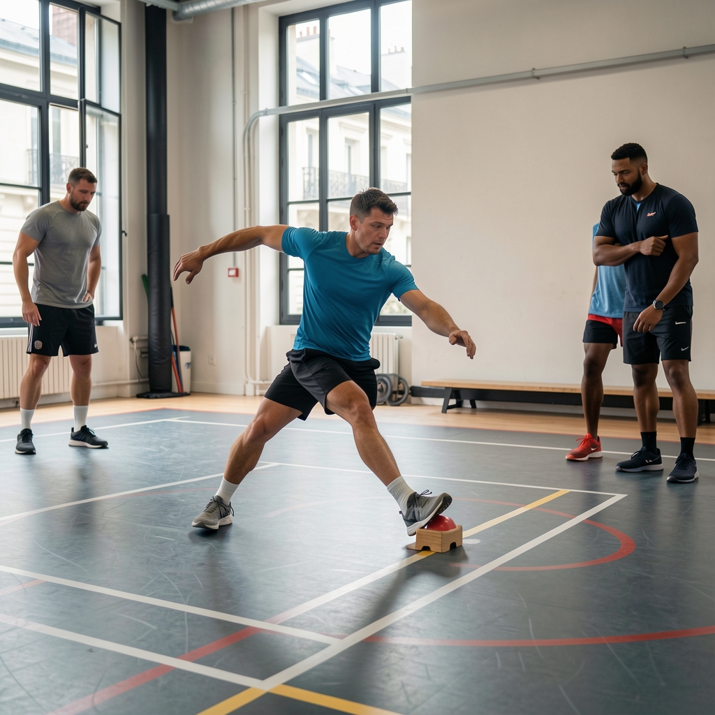 Sports conditioning session in Paris studio, athlete performing agility drill on a marked court with coaching observation