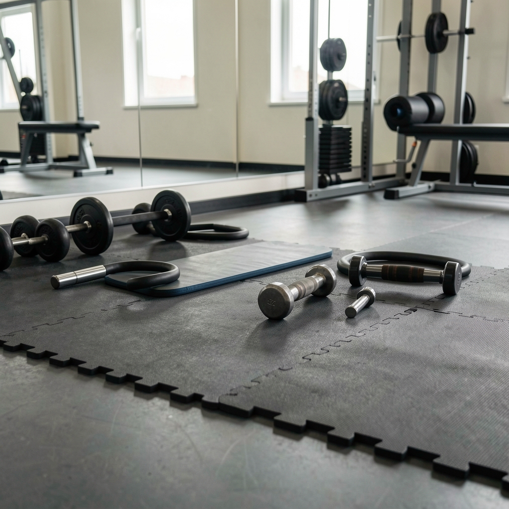 Obranev studio floor during a one-to-one personal training session, resistance equipment arranged on rubber matting
