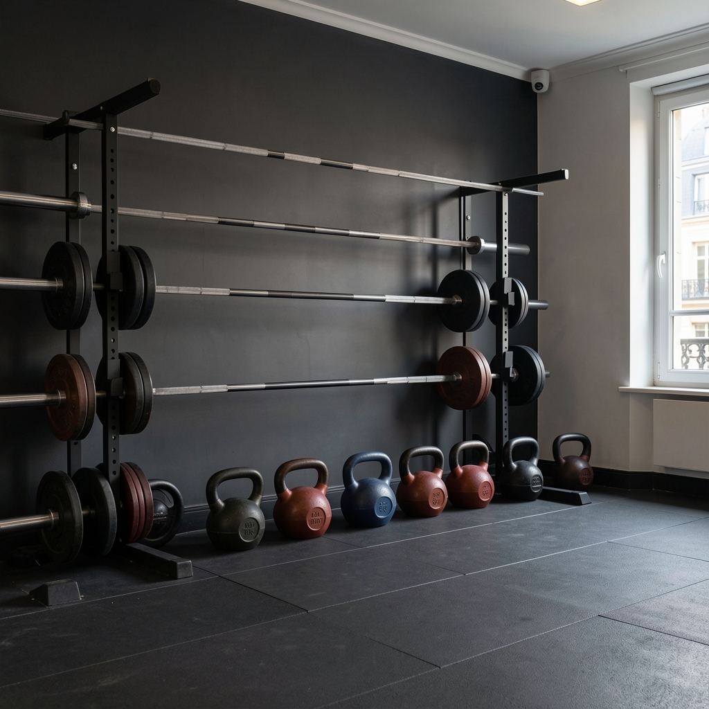Organised strength equipment area in a Paris private training studio, barbells and kettlebells arranged against a dark wall