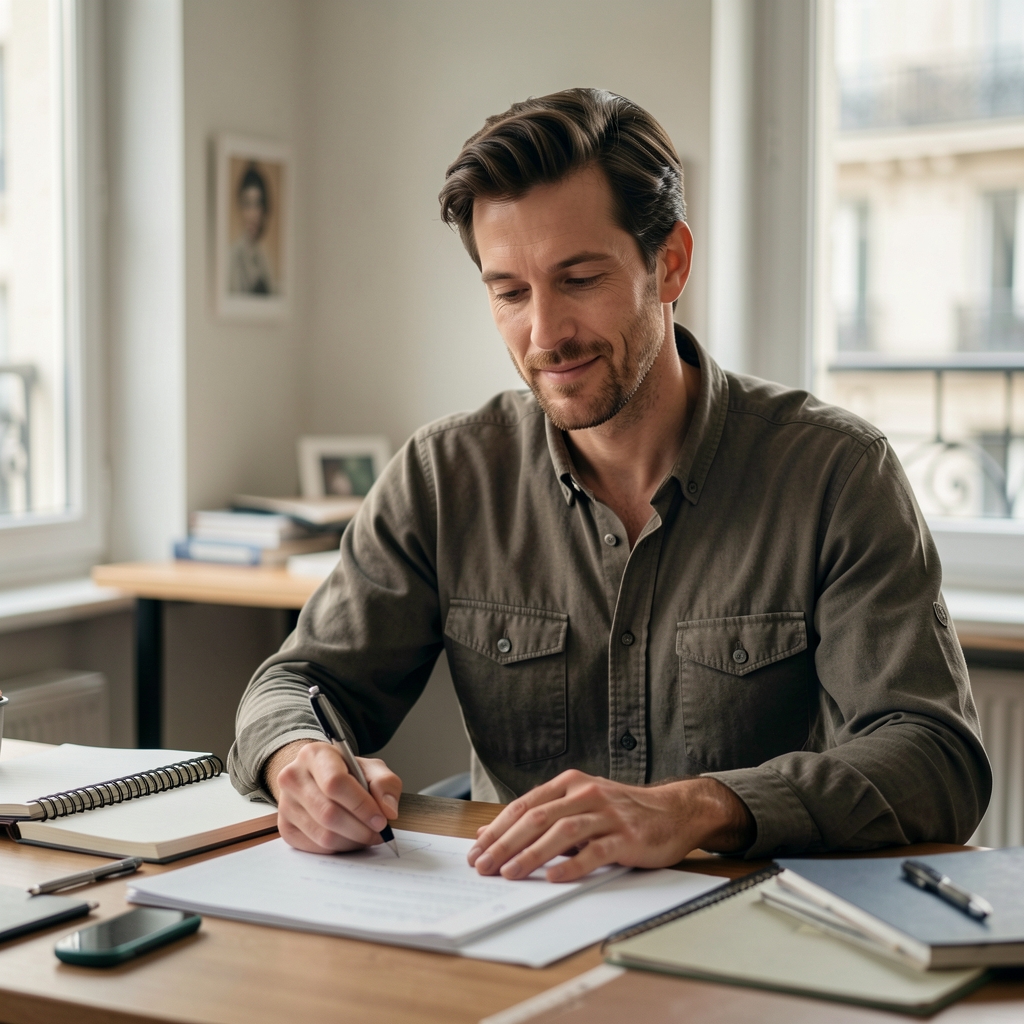 Coach reviewing training documentation at a desk in a quiet Parisian studio coaching space with notebook and planning materials